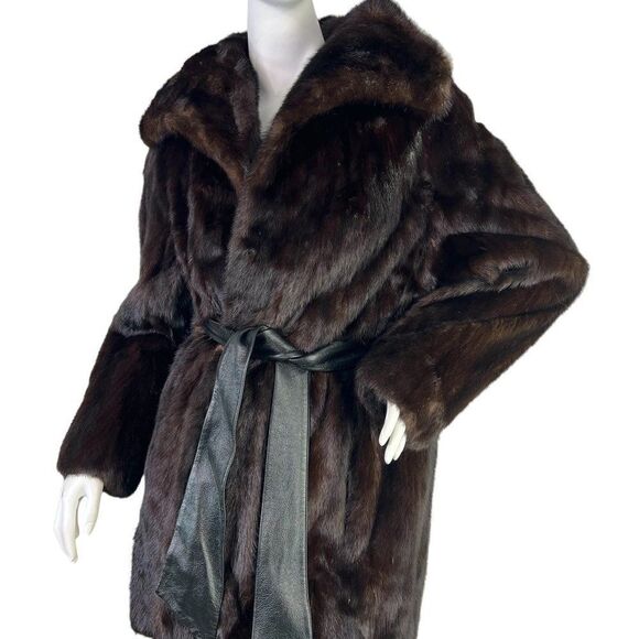 Sakowitz Vintage Mob Wife Dark Brown Mink Stroller Coat Leather Sash Size S/M - Picture 7 of 16